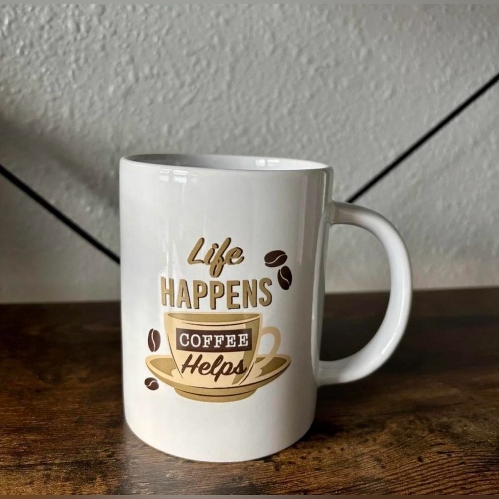 "Life Happens Coffee Helps" White Ceramic Coffee Mug